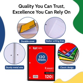 EPI Spiral Notebook | 3 Subject - Wide Ruled - 120 Sheets, Durable Spiral Binding | 10.5 x 8 in | Classroom Supplies | School, Office, Note Taking, Journaling - 3 Pack