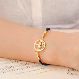 EUEAVAN Adjustable Tree of Life Bracelet, Family Tree Bracelet, Hand Braided Bead Bracelet, Lucky Charm, Yoga, Burning Jewellery, Friendship Gift for Women and Men, Stainless Steel, No Gemstone