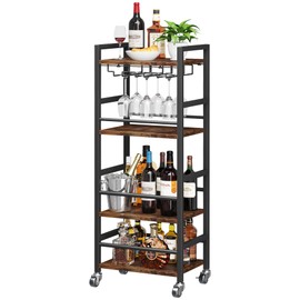 Homeiju Small Bar Cart, Home Bar Serving Cart with 4-Tier Shelf, Mobile Kitchen Shelf with Large Storage and Glass Holder, Mini Bar Cart for Small Spaces, Kitchen and Dining Room, Rustic Brown