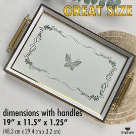 Hakan Rectangular Decorative Serving Tray 19x11.5-inch White-Butterfly with Glass Surface, Metal Handles Ottoman Coffee Table Perfume Living Room Kitchen Platter, Home Décor, Wedding