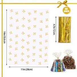 SOMIOCO Clear Gift Bags,50 PCS 11X14 In Cello Cellophane Treat Bags Party Favor Bags Candy Cookie Bags Plastic Poly Goodie Bags with Twist Tie for Birthday,Baby shower,Wedding (Gold Bow)