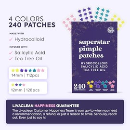 Parches Estrella para Granos en el Rostro Livaclean con Hidrocoloide, Aceite de rbol de T y cido Saliclico - Parches para Espinillas, Parches de...   