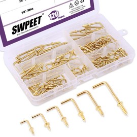 120Pcs 6 Sizes Gold Brass Plated Metal Screw-in Square Bend Hooks Kit, Gold Square Bend Hooks Self-Tapping Screws Hooks for Home/Workplace/Office