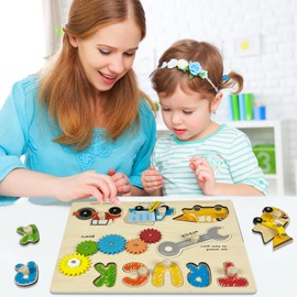 Kulveanju Wooden Puzzle 1 Year, Montessori Children's Puzzle with Handle, Educational Toy Puzzle Toddler Toy, Montessori Animals Puzzle Wooden Toy Gift for Baby 1 2 3 Years, Truck Puzzle