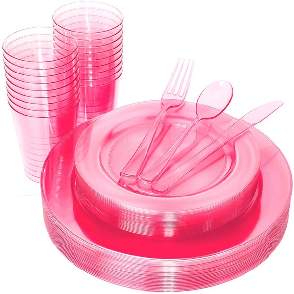 WDF 25 Guest Pink Plates with Disposable Plastic Silverware&Pink Cups-Neon Clear Dinnerware include 25 Dinner Plates,25Salad Plates,25Forks, 25 Knives, 25 Spoons,25 Plastic Cups Mother's Day