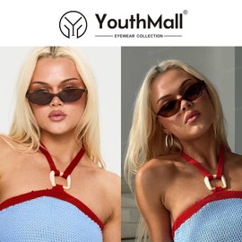 YouthMall Retro Oval Sunglasses for Women Small Oval 90s Sunnies Trendy Narrow Cat Eye Vintage Shades 2 Pack (Brown/Brown+ Leopard/Blue)