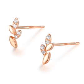 Silver 925 Silver Earrings, Gold, 18K Coating, Hypoallergenic, CZ Diamond, Leaf, Sterling Silver, Cubic Zirconia