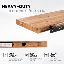 Fun Memories Floating Shelves for Wall, 55"x9.3" Rustic Solid Elm Wood Shelves, Heavy-Duty Wall Mounted Shelves with Invisible Brackets for Living Room, Bedroom, Kitchen, Natural Finish