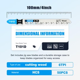 MUOZLOP 50pcsT101D Jigsaw Blades，6TPI Jig Saw Blades with Storage Case,T-Shank jig Saw Blades for Wood Cutting (50pcsT101D)