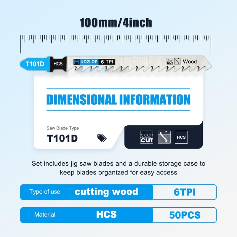 MUOZLOP 50pcsT101D Jigsaw Blades，6TPI Jig Saw Blades with Storage Case,T-Shank