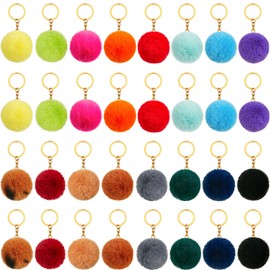 Hicarer 32 Pieces Pom Poms Keychains Colorful Fluffy Ball Pompoms Keychain Faux Rabbit Fur Pompoms Keyring for Girls Women DIY Hats Shoes Bags Hair Accessories (2.4 Inch Diameter)