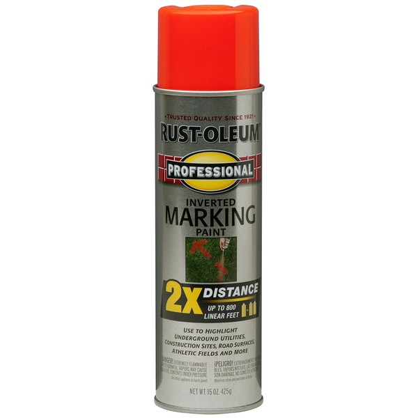 Rust-Oleum 266590 Professional 2X Distance Inverted Marking Spray Paint, 15 oz, Fluorescent Red-Orange