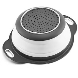 White Round Silicone Collapsible Colander – Silicone Round Kitchen Strainers with Plastic Handles Small Foldable Kitchen Strainer Perfect for Draining Pasta Vegetable and Fruit