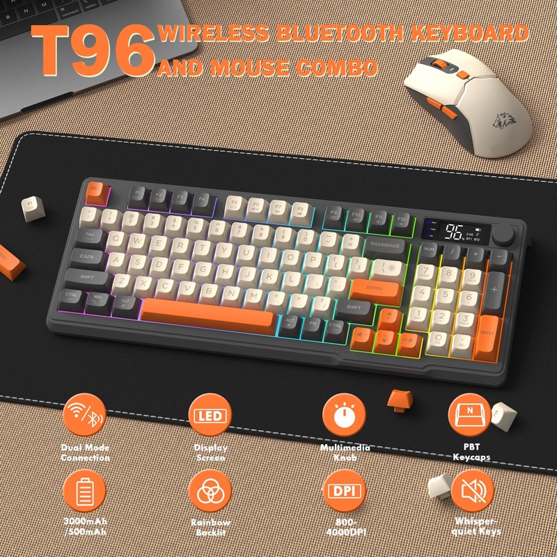 FREEWOLF T96 Smart Display Wireless Gaming Keyboard and Mouse Comb,