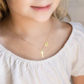Tiny Cross Necklace for Little Kids Girls Heart Initial Necklace Christmas Gifts First Communion Baptism Gifts Birthday Gifts Stainless Steel Pendant Jewelry for Teens Children Women 18K Gold J