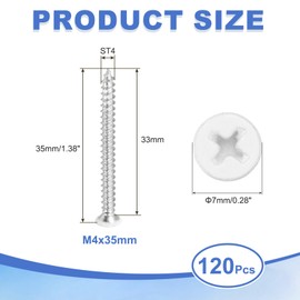 MECCANIXITY 120Pcs ST4x35mm White Flat Countersunk Head Self Tapping Screws, Galvanized Carbon Steel Self Drilling Screws for Metal Sheet Metal Screw, Silver