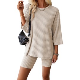 EFOGEP Womens Pyjamas Set 2PCS: Ladies Lounge Wear Ribbed Knit Round Neck Pullover Top T-shirt and Biker Shorts Loungewear Pjs Tracksuit Nightwear Sleepwear Homewear Cozy Leisure Suits Apricot XL