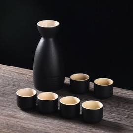 DQMPTCUA Japanese Sake Set, Traditional Ceramic Sake Cups 7-Piece Set, Including 1 Kettle and 6 Cups（Black）
