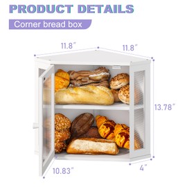 Wieghda Corner Bread box for Kitchen Countertop,Farmhouse Bread Box with Acrylic Wavy Door Panel,Large Bread box for kitchen countertop,Kitchen Countertop Food Storage Container (White, Meduim)