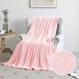 PLEASANT BOULEVARD | Fuzzy Throw Blanket Double-Sided Design Checkered Striped Waffe Lightweight Fleece Blankets for Bed and Couch Décor – Cozy, Soft, Cute for Women, Queen (90" x 90") Pink
