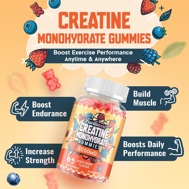 Fruvitanova Creatine Monohydrate Gummies - 5000mg per Serving, Fruit Flavor