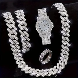 4pcs, Men's Rhinestone Bracelet Set, Ring Set, Men's Watch Gift SetColor: silvery