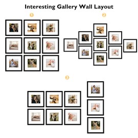 JCJMY 9 Pack 12x12 Picture Frame Gallery Wall Frame Set for 8x8 or 10x10 with 2 Mat or 12x12 Without Mat, Square Collage Wall Decor Photo Frames Bulk Set of 9 for Wall Hanging, Black