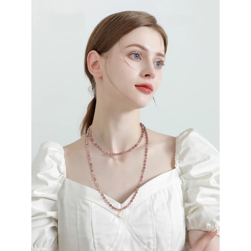 Firstmeet Stone Necklace Long Agate Beads Chain Round Smooth Bracelet
