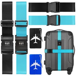 Luggage Straps for Suitcases,4 Pack Adjustable Suitcase Straps with Password Lock Clip, Extra Long 230 & 200 CM for 10-34" Suitcase, Bungee Straps with Suitcase Tags Travel Accessories (Black & Blue)