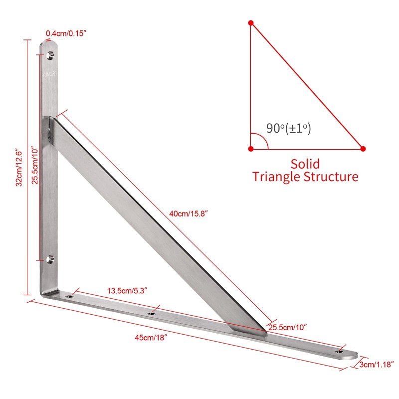 YUMORE 18" Shelf Bracket Stainless Steel, Heavy Duty Solid Shelf