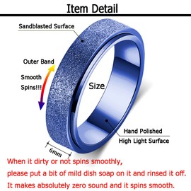 OreilleStar Anxiety Ring for Women Fidget Spinner Ring Fidget Toys Adults Titanium Stainless Steel Thumb Ring 6mm Wide Blue Size 7