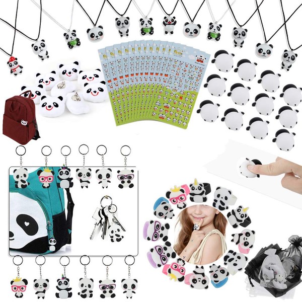 84 Pack Panda Party Supplies Favors, Panda Goodie bags Panda Soft Toys Gift Bags for Kids Panda Bear Birthday Gift Necklaces Keychains Rings Brooch Stickers