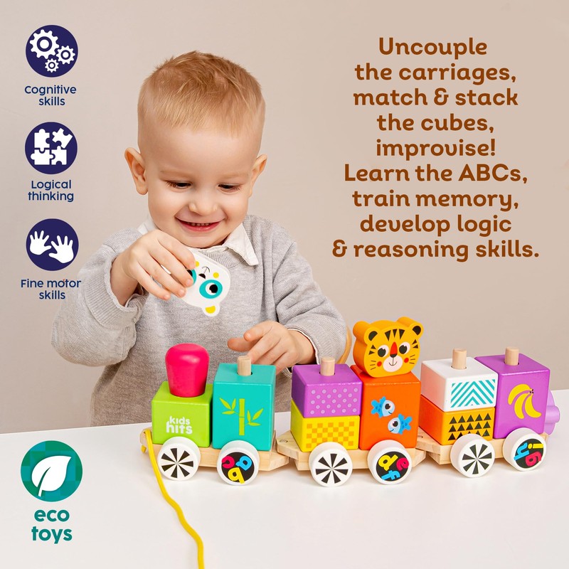 Kids Hits Wooden Train – Happy Friends 15-Piece ABC Animal