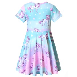 Girls Dresses Unicorn Outfits Kids Party Summer Beach Short Sleeve Clothes,Size 8 9