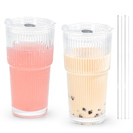 Icesip 20oz Drinking Glass Set of 2 with Straw Lid Vertical Stripes Ribbed Iced Coffee Mugs Vintage Glass Cup for Tea Juice Soda Smoothie(Ribbed A*2 with Lid)