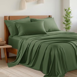 Shilucheng 6 Piece Queen Sheet Sets, Cooling Sheets, Blend Rayon Derived from Bamboo, Deep Pocket Up to 16", Breathable & Soft Bed Sheets, Hotel Silky Bedding Set, Olive Green