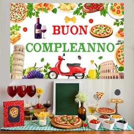 Funmemoir Italy Birthday Party Decorations - Buon Compleanno Backdrop 5 * 3ft, Italian Happy Birthday Decorations, Italian Pizza Party Background Banner for Italy Theme Party Decoration