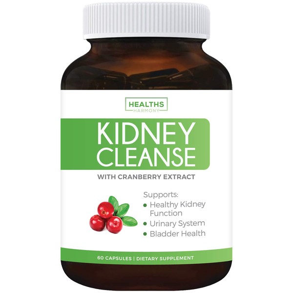 Kidney Cleanse (Non-GMO & Vegetarian) Supports Bladder Control & Urinary Tract - Powerful VitaCran Cranberry Extract - Natural Herbs Supplement - Kidney Health, Flush & Detox - 60 Capsules (No Pills)