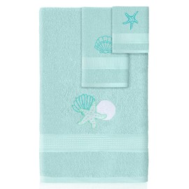 Hillsuren 3 Pcs Coastal Seashell Bathroom Towel Set Farmhouse Embroidered Coastal Seashell Towels Vintage Decorative 100% Cotton Bath Towel Highly Absorbent Summer Decor Set for Bathroom