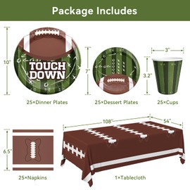 Jollyzaar Football Paper Plates and Napkins and Cups Set 101 Count, Heavy Duty 10'' and 7'' Disposable Plates, Paper Cups and Tablecloth, Super Bowl Party Table Decorations Supplies, Serve 25