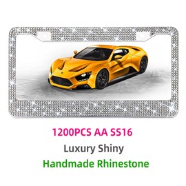 Bling Rhinestone License Plate Frame for Women Teen Girls，White Diamond Sparkly Stainless Steel Frames & Over 1200 pcs Finest 14 Facets Round-Cut Black Glass Crystals Premium Diamond+GiftBox (White)