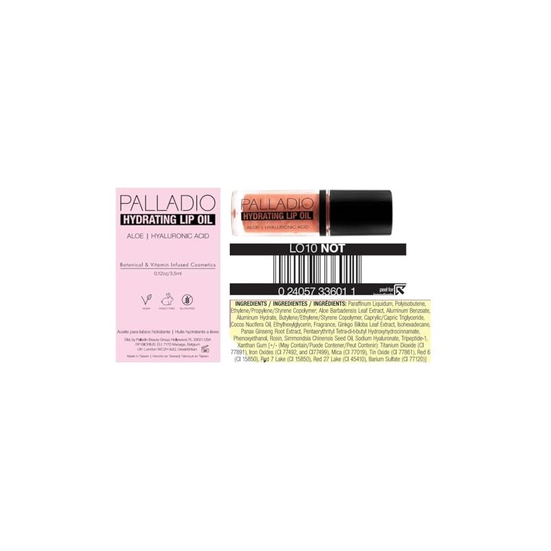 Palladio Aceite Labial Hidratante, Fórmula no pegajosa, Brillo sutil con