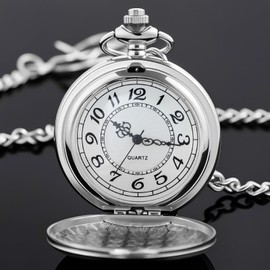 Tiong Silver Classic Retro Quartz Pocket Watch Smooth Steel Arabic Numerals Dial Pocket Watches with Chain for Men Women