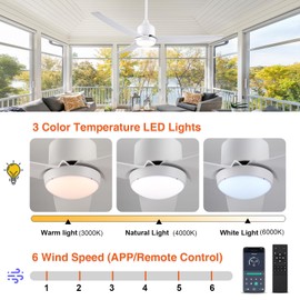 BZX Waterproof Outdoor Ceiling-Fan with Light - 52" Modern Ceiling Fans with 3 Colors LED Light, App & Remote Control, Quiet DC Motor, for Patios Gazebo, White