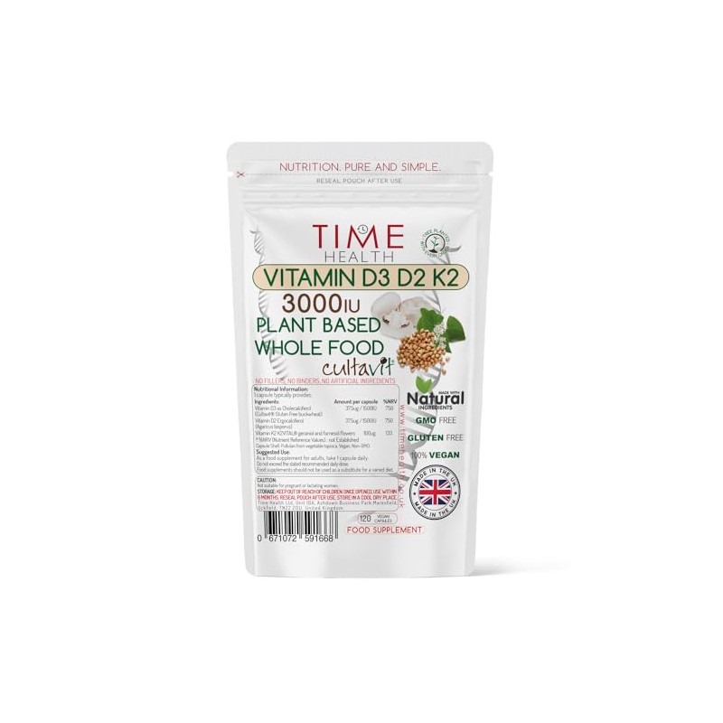 Vitamin D3, D2, K2, Natural Wholefood Plant Based 3000IU -