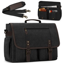 RAINSMORE Mens Messenger Bag 17-17.3 Inch Vintage Canvas Briefcase Water-resistant Large Computer Laptop Bag Rugged Satchel Shoulder Bag for Work Travel, Bookbag for College