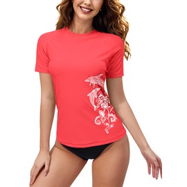 BesserBay Women's Short-Sleeved Rash Guard with Beautiful Patterns, UV Shirt Tankini, UPF 50+, S-XXL, 5 squares, l