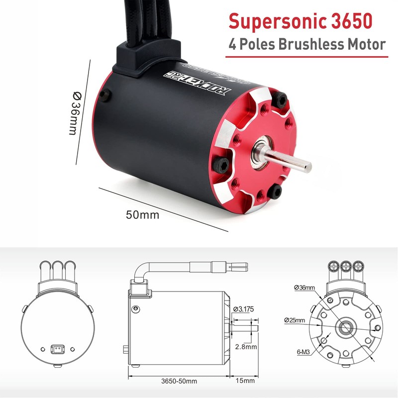 Surpass Hobby Brushless Motor, Supersonic 3650 5600kv 3.175mm Bullet Black
