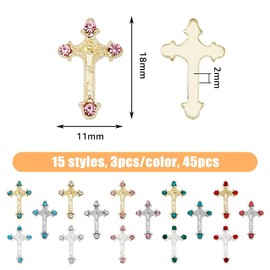 HOBBIESAY 45Pcs 15 Color 3D Crystal Rhinestones Crucifix Cross Nail Studs Metal Chrome Punk Gothic Crosses Punk Vintage Cross Nail Charm for Manicure Craft DIY Nail Art Decorations