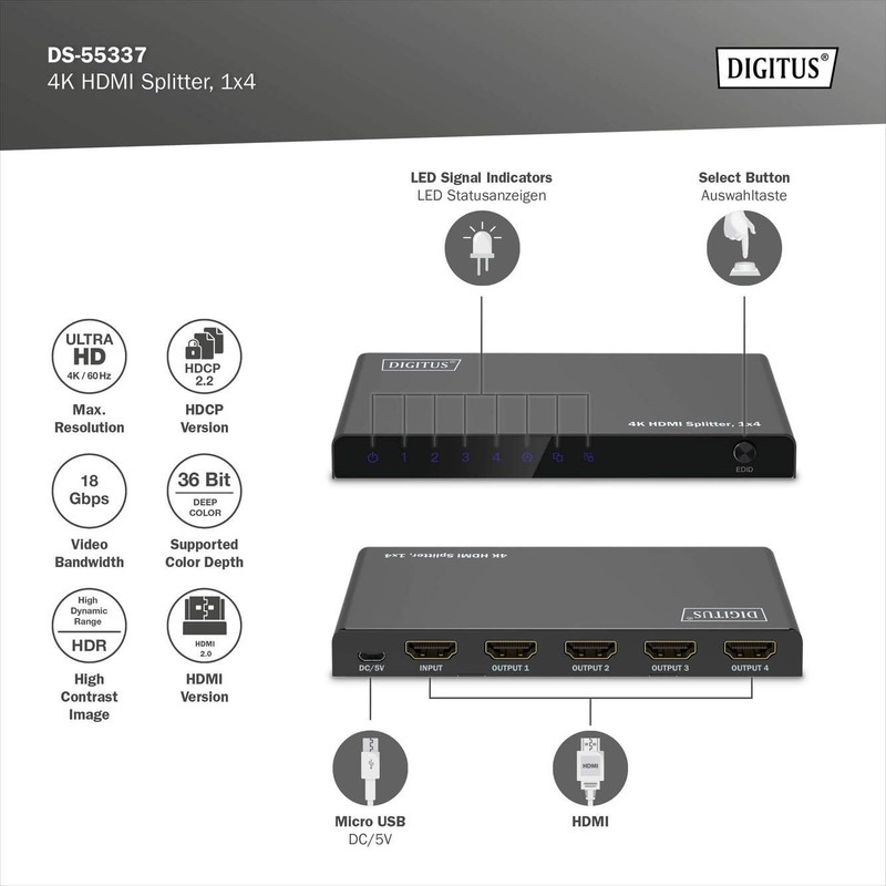 DIGITUS DS-55337 HDMI Splitter 1x4 - Input: 1-Port / Output: